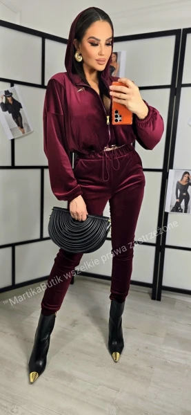 Dres welurowy VELVET wąska nogawka bordowy